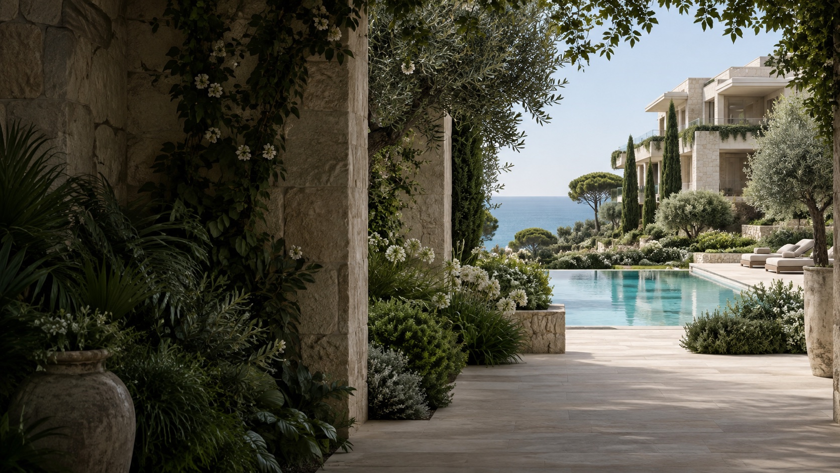 Daytime garden walkway, pool and sea view at Oregon Hills