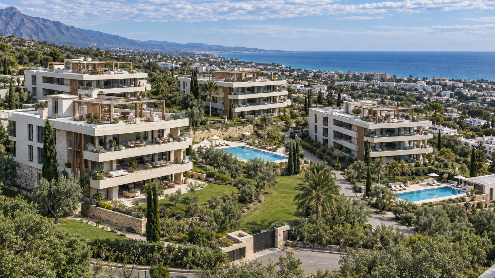 Aerial view of Oregon Hills with gardens, pools and Mediterranean coastline