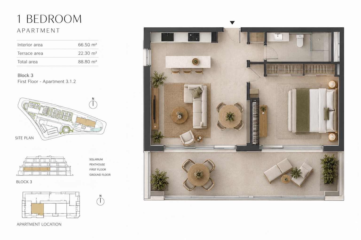 One bedroom apartment floorplan showing 88.80 square metres total area