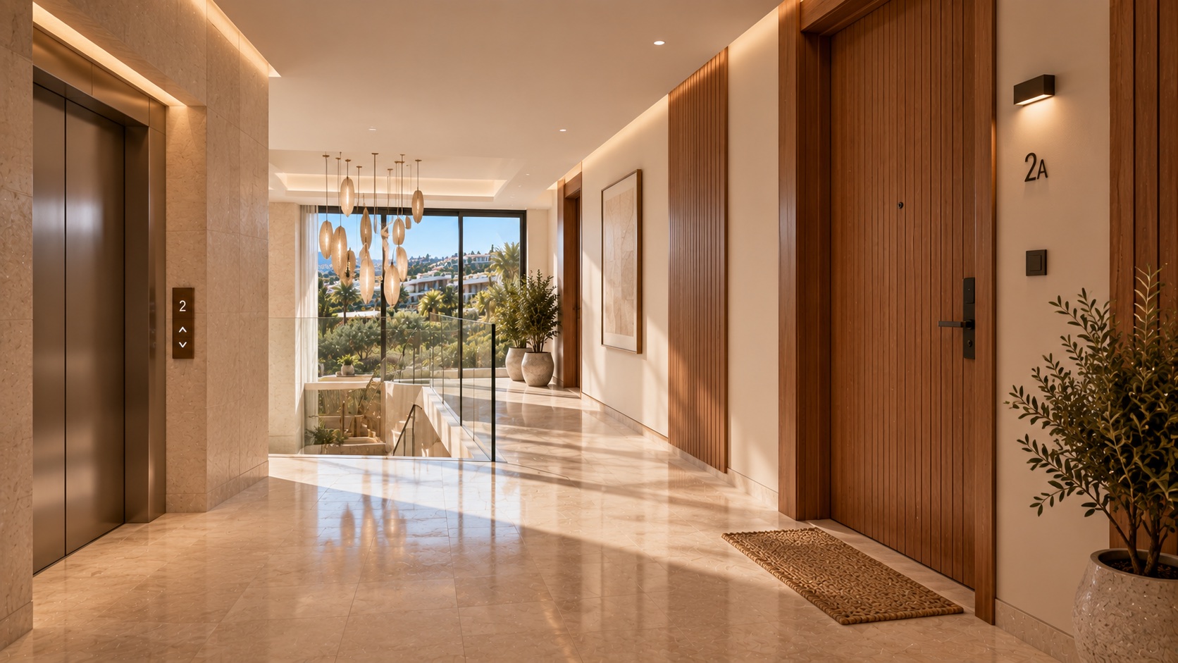 Quiet interior corridor with considered finishes
